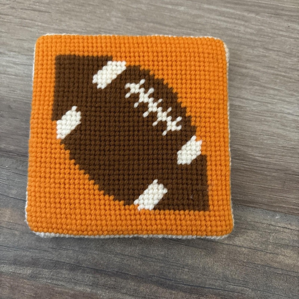 Vintage 1970's Football Cross Stitch Brown /orange Wall Hanging Decor 4.5"